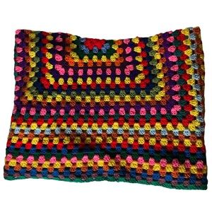 𝅺Rainbow Crochet Knit Granny Afghan Blanket Throw Happy Candy Color Yarn Retro